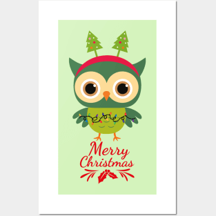 Cute Green Christmas Owl Posters and Art